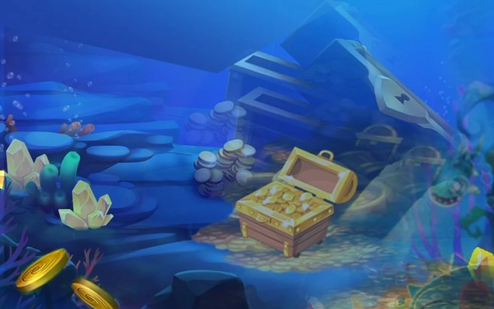 ฉากเกมยิงปลาใต้น้ำที่มีปลาหลากชนิดและปืนใหญ่บนหน้าจอ